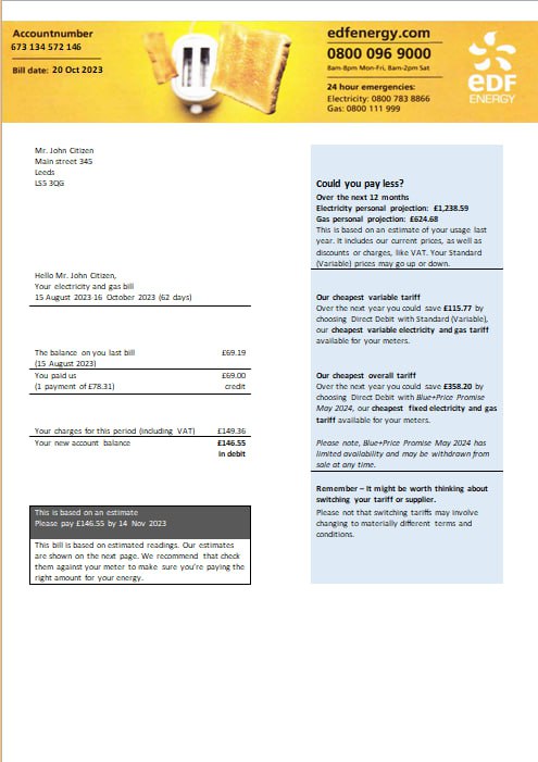 United Kingdom EDF Energy electricity and gas utility bill Word and PDF formats